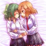  blush bow brown_eyes brown_hair green_hair hair_bow kohinata_miku lydian_academy_uniform masarou multiple_girls school_uniform senki_zesshou_symphogear short_hair smile tachibana_hibiki_(symphogear) yuri 