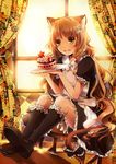  1girl blonde_hair bow cake food fruit fruits hair_ornament hairclip light long_hair luluseason maid mary_janes nekomimi open_mouth shoes sitting smile table thighhighs very_long_hair watermark window yellow_eyes zettai_ryouiki 