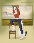  chair cowboy_hat ear_piercing ermine farm female gun hat koul mammal midriff mustelid navel otter piercing ranged_weapon revolver solo suane weapon 