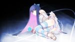  artist_request ass bare_shoulders blue_hair bow breasts candy dress food green_eyes hair_bow high_heels highres lollipop long_hair lying medium_breasts mouth_hold multicolored_hair nail_polish on_side panties panty_&amp;_stocking_with_garterbelt pink_hair sandals shoes solo stocking_(psg) striped striped_legwear striped_panties thighhighs toenail_polish two-tone_hair underwear 
