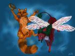  4_wings :3 abstract_background arms_out blue_background brown_pawpads couple digital_painting_(art) duo ears_back eyes_closed female feral fluffy_tail flying friends fur green_eyes green_hair green_tongue hair happy hybrid insect_wings koul lolling lying mammal mane midair musical_instrument orange_countershading orange_fur plain_background quadruped raccoon red_fur ringed_tail samsona snout spotted_fur tail_tuft tambourine tuft unknown_species vitra whiskers white_countershading white_fur 