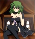  bare_shoulders black_legwear blush breasts brown_eyes cleavage cosplay curtain curtains female gloves gothic green_hair highres kazami_yuuka large_breasts looking_at_viewer short_hair sitting skirt smile thighhighs touhou window yadokari_genpachirou 