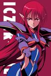  agahari armor blue_bodysuit bodysuit character_name fingerless_gloves gloves iczer-2 iczer_(series) long_hair pointy_ears red red_background red_eyes red_hair solo tatakae!!_iczer-1 