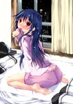  accel_world barefoot bed blue_hair blush curtains feet highres kuroyukihime long_hair looking_at_viewer mouth_hold pillow red_eyes sitting solo wariza wet wet_hair window yagami_shuuichi 