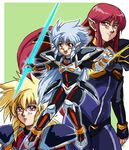  armor bad_id bad_pixiv_id black_armor blonde_hair blue_bodysuit bodysuit boots brown_eyes drill_hair energy_sword green_background iczer-1 iczer-2 iczer-3 iczer_(series) iczer_densetsu long_hair multiple_girls osomo_(hachilow) pointy_ears red_eyes red_hair siblings sidelocks sisters smile sword tatakae!!_iczer-1 weapon white_hair 