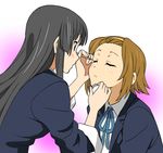  akiyama_mio applying_makeup baba_tamio black_eyes black_hair blush brown_hair closed_eyes hairband hime_cut holding k-on! long_hair looking_at_another makeup mascara multiple_girls sakuragaoka_high_school_uniform school_uniform short_hair sleeves_pushed_up tainaka_ritsu 