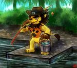  bottomless bucket clothed clothing feline feral fish fishing_rod forest gloves half-dressed hat haychel lion male mammal marine shirt smile solo tree water wood 