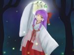  branch chihaya_(clothing) hakurei_reimu hakurei_reimu_(pc-98) japanese_clothes mageko miko purple_hair solo touhou touhou_(pc-98) wide_sleeves 