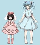  alternate_color animal_ears barefoot black_hair blue_eyes blue_hair blush boots bunny_ears carrot cosplay costume_switch hair_ornament hat inaba_tewi inazakura00 kawashiro_nitori key multiple_girls open_mouth pink_footwear pocket puffy_sleeves red_eyes rubber_boots short_hair smile touhou two_side_up 