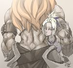  armband back bandages barbarian_(diablo_3) blonde_hair blue_eyes blush breasts butt_crack diablo diablo_3 enchantress_(diablo_3) grey_skin height_difference hushabye long_hair medium_breasts midriff multiple_girls muscle muscular_female orange_hair signature vambraces yuri 