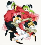  2girls animal_hat aqua_eyes bad_id bad_pixiv_id blonde_hair chinese_clothes genderswap genderswap_(ftm) green_hair grey_eyes gumi gumiya hat kagamine_len kagamine_rin multiple_boys multiple_girls noki_(potekoro) open_mouth panda_hat school_uniform skirt vocaloid yie_ar_fan_club_(vocaloid) 