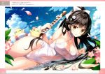  1girl absurdres artist_name azur_lane bangs black_hair blue_sky blush bow breasts brown_eyes cleavage cloud cloudy_sky covered_navel criss-cross_halter day eyes_closed hair_bow halterneck highres large_breasts long_hair looking_at_viewer lying on_side oryou outdoors page_number petals ponytail scan see-through shiny shiny_hair shiny_skin sky solo swimsuit takao_(azur_lane) thighs water wet wet_clothes white_swimsuit 