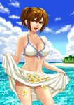  :d alternate_hairstyle beach bikini blue_sky breasts brown_eyes brown_hair cloud cowboy_shot day flower front-tie_bikini front-tie_top hair_between_eyes hamura_mayu happy high_ponytail large_breasts legs looking_at_viewer meiko nail_polish navel ocean open_mouth outdoors pink_lips plumeria ponytail project_diva_(series) project_diva_f red_nails sarong sarong_lift short_hair skirt_basket sky smile solo standing summer_idol_(vocaloid) swimsuit swimwear_(module) thighs tree vocaloid wading wet white_bikini_top white_sarong 