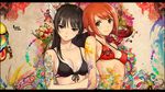  2girls black_hair bra brown_eyes feather feathers flower highres kanon_seena long_ears long_hair multiple_girls open_mouth pointy_ears red_hair rose seena_kanon sega shining_(series) shining_tears shining_wind short_hair smile snyp tanaka_takayuki tatoo tattoo tony_taka underwear wallpaper wings xecty_ein yellow_eyes 