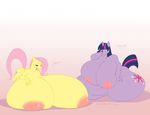  anthro anthrofied big_breasts breasts chubby cutie_mark duo equine female fluttershy_(mlp) friendship_is_magic horn huge_breasts hyper hyper_breasts mammal morbidly_obese my_little_pony nipples overweight pegasus revadiehard transformation twilight_sparkle_(mlp) unicorn wings 