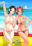  areola_slip areolae arm_support bikini black_hair blue_eyes breasts brown_hair cleavage front-tie_top hair_bun hand_on_hip huge_breasts japan_airlines jt_dong-agyoku large_breasts looking_at_viewer micro_bikini multiple_girls ocean original pink_eyes side-tie_bikini smile sweat swimsuit tan water 