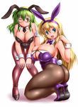  :d animal_ears ass bent_over blonde_hair blue_eyes bow bowtie breasts bunny_ears bunny_girl bunny_tail bunnysuit cleavage earrings glasses green_hair high_heels highres huge_breasts jewelry kneeling long_hair moriichi multiple_girls one_eye_closed open_mouth original pantyhose plump shoes smile tail wrist_cuffs yellow_eyes 