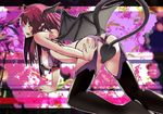  all_fours alternate_costume alternate_eye_color bat_wings breasts demon_tail green_eyes hanging_breasts head_wings koakuma lingerie long_hair medium_breasts open_mouth outline outstretched_hand red_hair sasaharu solo tail tail_censor touhou underwear wings 