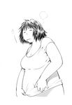  breasts cleavage genshiken greyscale highres kio_shimoku large_breasts monochrome naked_shirt official_art open_mouth plump shirt short_hair t-shirt translated wavy_mouth yajima_mirei 