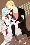  1girl black_legwear blonde_hair blue_eyes blue_hair candy closed_eyes earrings food genderswap genderswap_(mtf) jewelry kise_ryouta kneehighs kuroko_no_basuke kuroko_tetsuya nisoniso open_mouth shoes short_hair single_shoe 