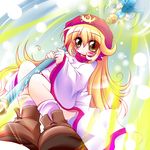  anbee_(arary) bad_id bad_pixiv_id blonde_hair blush boots dragon_quest dragon_quest_ii dress hat hood long_hair magic no_nose no_pants princess_of_moonbrook sexually_suggestive smile solo sparkle staff wet yellow_eyes 