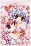  absurdres alternate_eye_color blue_hair bow crescent daisy fang flower hair_bow hat hat_ribbon highres hug kino_(kino_konomi) multiple_girls non-web_source open_mouth patchouli_knowledge pink_hair puffy_sleeves purple_eyes remilia_scarlet ribbon scan short_hair short_sleeves touhou yellow_eyes 