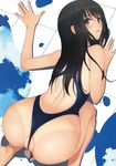  all_fours ass back_cutout bent_over black_hair blush competition_swimsuit from_behind highleg highleg_swimsuit highres long_hair looking_at_viewer looking_back non-web_source one-piece_swimsuit one-piece_thong original partially_visible_vulva reflection scan solo swimsuit tan tanaka_takayuki tanline wedgie wet 