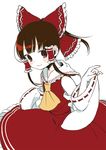  ascot blush bow brown_eyes brown_hair detached_sleeves hair_bow hair_tubes hakurei_reimu okari pale_skin simple_background solo touhou 