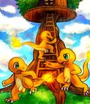  balls blue_eyes charmander fire flaccid grass haychel ladder male nintendo nude orange_body penis pok&#233;mon pok&eacute;mon tree tree_house video_games wood 