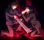  bad_id bad_pixiv_id between_fingers black_hair black_keys brown_hair covering_mouth dark emiya_kiritsugu eye_contact fate/zero fate_(series) gun hand_over_another's_mouth handgun kotomine_kirei looking_at_another male_focus multiple_boys one_knee red spiked_hair thompson/center_contender weapon zihad 