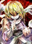  arm_warmers ast biting blonde_hair claws clenched_teeth fingernails green_eyes highres long_fingernails mizuhashi_parsee pointy_ears red_background ringed_eyes scarf sharp_teeth short_hair solo teeth thumb_biting touhou 