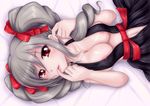  breasts center_opening cleavage dress grey_hair idolmaster idolmaster_cinderella_girls kanzaki_ranko kishimen large_breasts long_hair navel nipples no_bra red_eyes ribbon solo twintails 