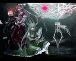  bad_id bad_pixiv_id bow crazy_smile ex-keine feathers fire fujiwara_no_mokou gloves glowing glowing_eyes green_hair grin hair_bow horns kamishirasawa_keine lastdark long_hair long_sleeves multiple_girls ofuda puffy_sleeves red_eyes short_sleeves silver_hair sitting skeleton skull smile touhou very_long_hair wings 