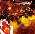  armor bad_id bad_pixiv_id boots costume_chart dual_wielding el_(4369288) elsword elsword_(character) fiery_background fire full_body holding long_hair lowres magic_knight_(elsword) male_focus multiple_boys multiple_persona navel oekaki pants ponytail red red_eyes red_hair sheath_knight_(elsword) smile spiked_hair surcoat sword sword_knight_(elsword) weapon 