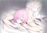  1girl absurdres apron bed_sheet breasts butt_crack fate/grand_order fate_(series) hair_between_eyes highres jilu looking_at_viewer mash_kyrielight medium_breasts naked_apron pink_hair purple_eyes short_hair sideboob solo thighhighs upside-down white_apron white_legwear 