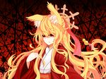  animal_ears azure_luna blonde_hair fox_ears gradient gradient_background hair_ornament hair_ribbon japanese_clothes long_hair long_sleeves miko original parted_lips red_background red_eyes ribbon slit_pupils solo upper_body very_long_hair 
