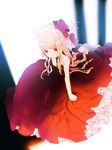  blonde_hair dress flower from_above hair_flower hair_ornament highres long_hair okari original ponytail red_eyes sidelocks sitting solo wariza 