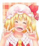  :d ^_^ ao_banana ascot blonde_hair blush bow closed_eyes collarbone double_v face fangs flandre_scarlet hat hat_bow open_mouth portrait short_hair side_ponytail smile solo touhou v wings 