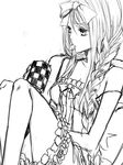  apt axis_powers_hetalia bad_id bad_pixiv_id bare_shoulders belarus_(hetalia) bow braid checkered chemise cup frills greyscale hair_bow leg_garter long_hair monochrome mouth_hold pillow sketch solo strap_slip twin_braids 