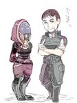  1girl alien arms_behind_back bad_id bad_pixiv_id chibi commander_shepard commander_shepard_(male) crossed_arms facial_hair helmet itanji mass_effect quarian stubble tali'zorah 