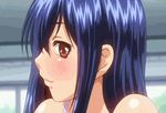  1girl animated animated_gif bare_shoulders blue_hair blush bosshi bouncing_breasts bra bra_lift breasts breasts_out breasts_outside brown_eyes censored large_breasts long_hair looking_at_viewer mizugi_kanojo naughty_face nipples open_mouth paizuri penis titjob titty_fuck translated underwear undressing 