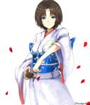  1girl blue_eyes brown_hair floral_print highres holding holding_sword holding_weapon japanese_clothes kano_(kanokano44) kara_no_kyoukai katana kimono long_sleeves looking_at_viewer obi ryougi_shiki sash shiny shiny_hair short_hair simple_background solo sword twitter_username weapon white_background white_kimono wide_sleeves 