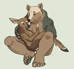  anthro bear cervine cuddling deer duo eyes_closed female hooves jaijai licking male mammal nude straight tongue 