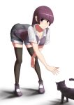  1girl absurdres bangs bent_over black_legwear blush breasts cat cleavage eyebrows_visible_through_hair full_body grey_shorts highres jilu long_hair looking_at_viewer medium_breasts original purple_eyes purple_footwear purple_hair shiny shiny_hair short_shorts short_sleeves shorts simple_background smile solo standing thighhighs white_background white_sleeves zettai_ryouiki 