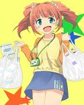  :d bag brown_hair green_eyes idolmaster idolmaster_(classic) open_mouth passingpleasures skirt smile solo takatsuki_yayoi twintails yellow_background 