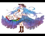  blue_hair boots dress frills full_body hat hinanawi_tenshi ice_(aitsugai) knee_boots long_hair red_eyes simple_background solo touhou very_long_hair white_background 