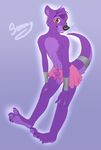 claws crossdressing erection girly hindpaw human_feet looking_at_viewer male mammal mustelid neex nude otter paws penis plain_background plantigrade purple_body skirt soles solo standing toe_claws toes 