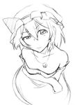  alternate_costume dress elbow_gloves gloves graphite_(medium) greyscale looking_at_viewer m-eiji monochrome remilia_scarlet short_hair simple_background sketch solo strapless strapless_dress touhou traditional_media white_background 