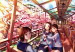  :d brown_hair camera chair cherry_blossoms cropped fuji_choko hair_ornament hairclip highres holding long_hair multiple_girls non-web_source open_mouth original pink_eyes pointing scan short_hair sitting smile sunlight tree twintails 