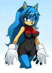  black_nose blue blue_hair breasts clothed clothing female gloves gradient_background hair hedgehog long_hair looking_at_viewer mammal navel purple_eyes sega smile solo sonic_(series) spandex sssonic2 standing tight_clothing yellow 